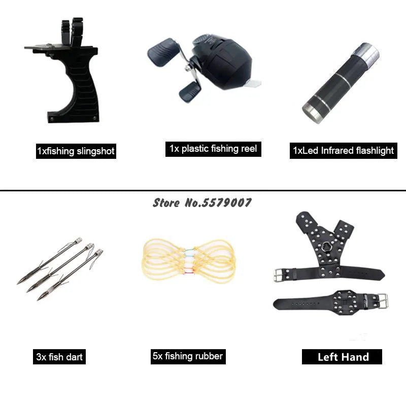Big Power Fishing Set Slingshot Hunting Catapult Suit Outdoor Shooting Fishing Reel + Darts Protective Gloves Flashlight Tools